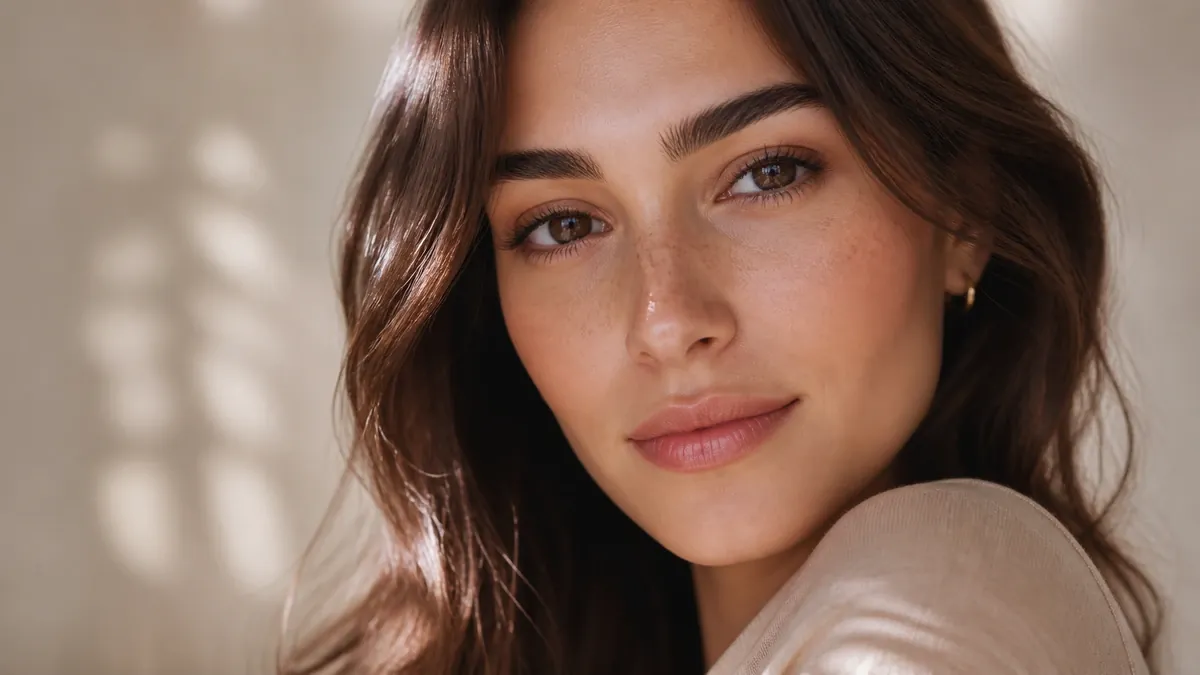 Close up beauty portrait with refined brows and skin detail